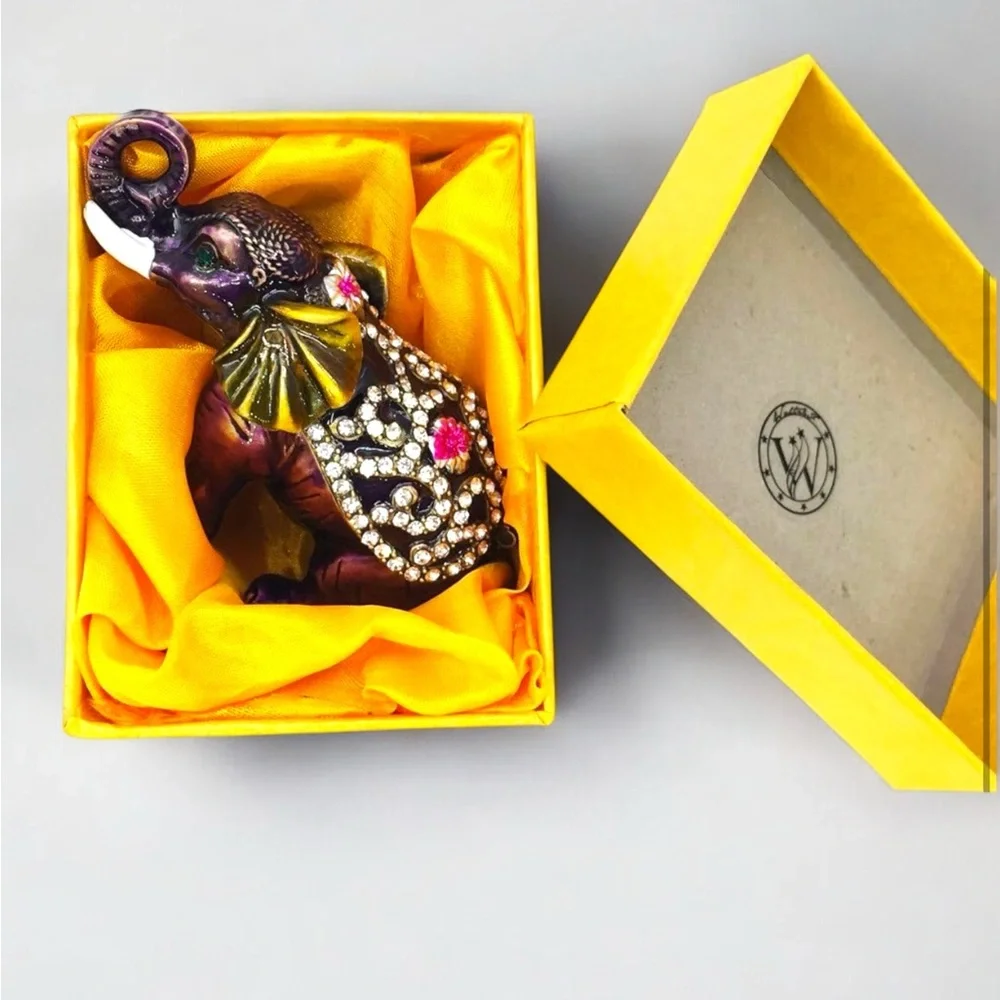 Hand-Painted Purple Jeweled Elephant Trinket Box with Crystals – NIB